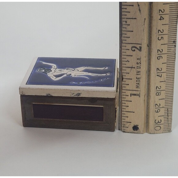 Vintage Satyr Matchbox Handmade in Greece Ceramic Top Drawer Holder Blue White - Picture 11 of 13